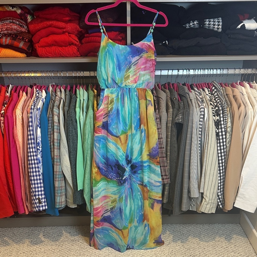 Bisou Bisou multicolored print adjustable strap elastic waist maxi dress size 4